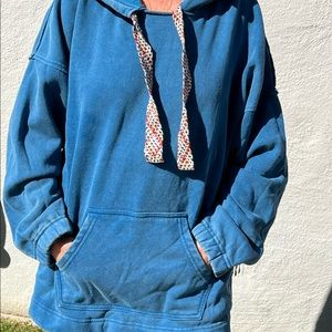 Free People Oversized French Blue Hoodie with Festive Ties, Size M-XL!
